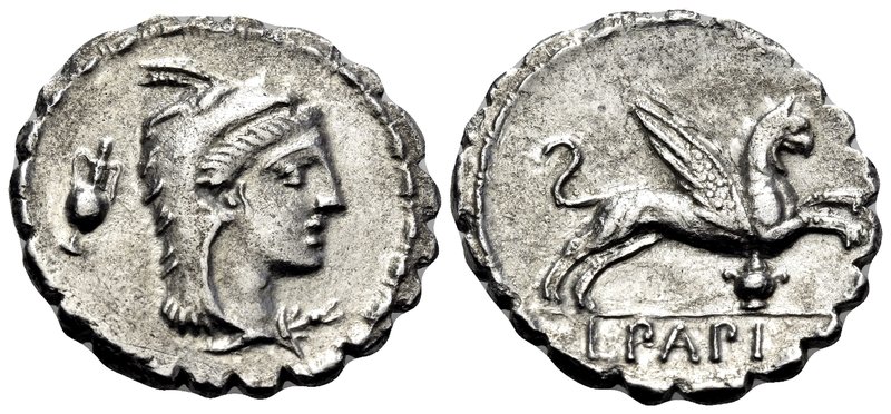 L. Papius, 79 BC. Denarius Serratus (Silver, 18 mm, 3.68 g, 5 h), Rome. Head of ...