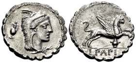 L. Papius, 79 BC. Denarius Serratus (Silver, 18 mm, 3.68 g, 5 h), Rome. Head of Juno Sospita to right; behind, amphora. Rev. L • PAPI Gryphon prancing...