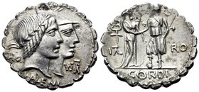 Q. Fufius Calenus and Mucius Cordus, 68 BC. Denarius Serratus (Silver, 20 mm, 3.75 g, 7 h), Rome. HO - VIRT / KALENI Jugate heads of Honos and Virtus ...