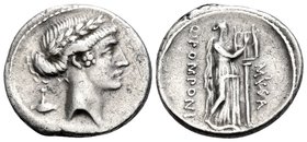 Q. Pomponius Musa, 66 BC. Denarius (Silver, 18 mm, 3.94 g, 6 h), Rome. Laureate head of Apollo to right; behind, lyre key. Rev. Q POMPONI MVSA Calliop...