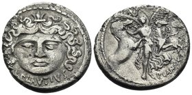 L. Plautius Plancus, 47 BC. Denarius (Silver, 18 mm, 3.54 g, 4 h), Rome. L PLAVTIVS Head of Medusa, facing, with coiled snake on either side. Rev. PLA...