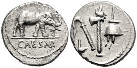 Julius Caesar, April-August 49 BC. Denarius (Silver, 18 mm, 4.37 g, 3 h), mint moving with Caesar in Northern Italy. CAESAR Elephant to right, trampli...