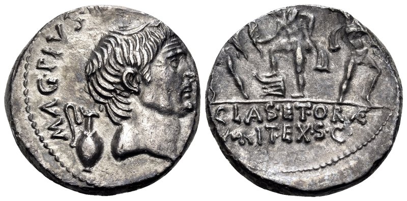 Sextus Pompey, 37-36 BC. Denarius (Silver, 16.5 mm, 3.79 g, 10 h), military mint...
