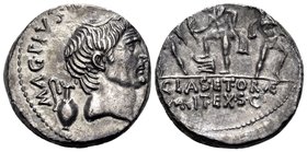 Sextus Pompey, 37-36 BC. Denarius (Silver, 16.5 mm, 3.79 g, 10 h), military mint in Sicily. MAG•PIVS•I[MP•ITER] Bare head of Pompeius Magnus to right;...