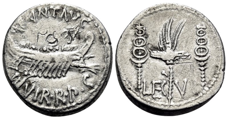 The Triumvirs. Mark Antony. Denarius (Silver, 17 mm, 3.66 g, 6 h), for the 5th L...