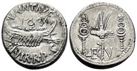 The Triumvirs. Mark Antony. Denarius (Silver, 17 mm, 3.66 g, 6 h), for the 5th Legion, Patrae (?), Autumn 32-spring 31 BC. ANT•AVG / III•VIR•R•P•C• Pr...
