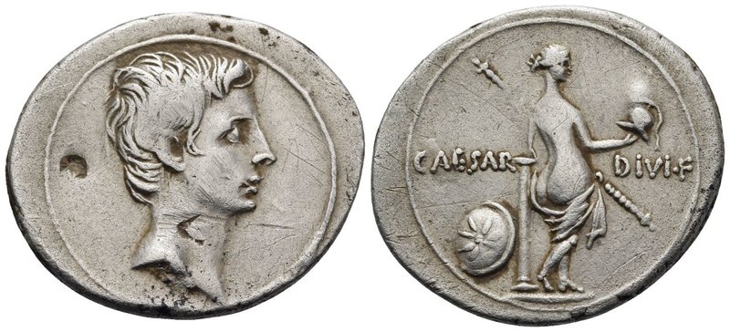 Octavian. Denarius (Silver, 22 mm, 3.64 g, 1 h), uncertain Italian mint, either ...