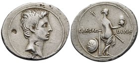 Octavian. Denarius (Silver, 22 mm, 3.64 g, 1 h), uncertain Italian mint, either Rome or Brundisium, c. 32-29. Bare head of Octavian to right. Rev. CAE...