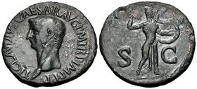 Claudius, 41-54. As (Copper, 30 mm, 11.55 g, 7 h), Rome, 50-54. TI CLAVDIVS CAESAR AVG P M TR P IMP P P Bare head of Claudius to left. Rev. S-C Minerv...