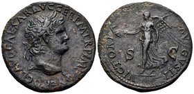 Nero, 54-68. Dupondius (Orichalcum, 28 mm, 10.56 g, 7 h), Lugdunum, 67. NERO CLAVD CAESAR AVG GER P M TR P IMP P Laureate head of Nero to right, globe...