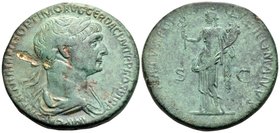 Trajan, 98-117. Sestertius (Orichalcum, 31.5 mm, 23.73 g, 6 h), Rome, 114-116. IMP CAES NER TRAIANO OPTIMO AVG GER DAC P M TR P COS VI P P Laureate an...