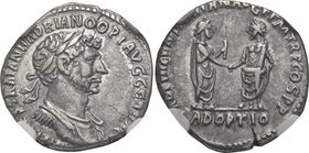 Hadrian, 117-138. Denarius (Silver, 18 mm, 3.27 g, 6 h), Antioch, 117, on his accession to the throne. IMP CAES TRAIAN HADRIANO OPT AVG GER DAC Laurea...
