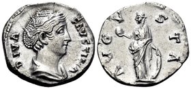 Diva Faustina Senior, Wife of Antoninus Pius, Empress 138-140. Denarius (Silver, 18 mm, 2.67 g, 1 h), Rome, struck to commemorate her death in 140, ci...