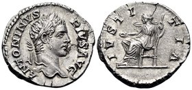 Caracalla, 198-217. Denarius (Silver, 19 mm, 3.43 g, 1 h), Rome , 202. ANTONINVS PIVS AVG Laureate head of Caracalla to right. Rev. IVSTITIA Justitia ...