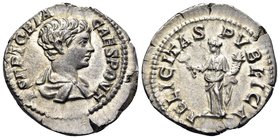 Geta, as Caesar, 198-209. Denarius (Silver, 19 mm, 3.11 g, 6 h), Rome, 200-202. P SEPT GETA CAES PONT Bare-headed and draped bust of Geta to right. Re...