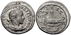 Elagabalus, 218-222. Denarius (Silver, 20 mm, 3.23 g, 12 h), Antioch, 218-219. ANTONINVS PIVS FELIX AVG Laureate, draped, and cuirassed bust of Elagab...