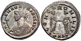 Probus, 276-282. Antoninianus (Billon, 24 mm, 3.94 g, 1 h), Ticinum, 3rd officina, 277. IMP C M AVR PROBVS AVG Radiate bust of Probus in imperial mant...