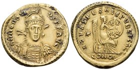 Honorius, 393-423. Solidus (Gold plated copper or bronze, 21 mm, 3.82 g, 5 h), an ancient counterfeit with an obverse of Honorius a reverse of Arcadiu...