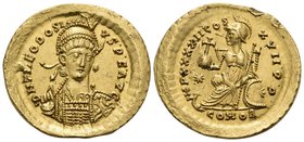 Theodosius II, 402-450. Solidus (Gold, 22 mm, 4.49 g, 6 h), Constantinople, 441-450. D N THEODOSIVS P F AVG Helmeted, diademed and cuirassed bust of T...