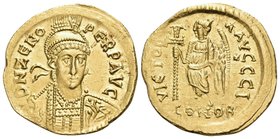 Zeno, second reign, 476-491. Solidus (Gold, 21 mm, 4.47 g, 7 h), Constantinople, 10th officina (I). D N ZENO PERP AVG Pearl-diademed, helmeted, and cu...