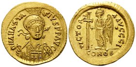 Anastasius I, 491-518. Solidus (Gold, 21 mm, 4.48 g, 7 h), Constantinople, 492-507. D N ANASTA-SIVS P P AVC Diademed, helmeted and cuirassed bust of A...