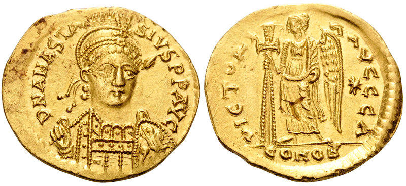 Anastasius I, 491-518. Solidus (Gold, 21 mm, 4.45 g, 6 h), Constantinople, 1st o...
