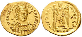 Anastasius I, 491-518. Solidus (Gold, 21 mm, 4.45 g, 6 h), Constantinople, 1st officina (A), 491-498. D N ANASTA-SIVS P P AVC Helmeted and cuirassed b...