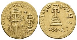 Constans II, with Constantine IV, 641-668. Solidus (Gold, 19 mm, 4.42 g, 5 h), Constantinople 10th officina, 654-659. d N CONStANtINЧS C CONStANS Crow...