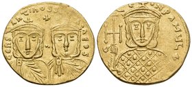 Constantine V Copronymus, with Leo IV, 741-775. Solidus (Gold, 20 mm, 4.45 g, 6 h), Constantinople, 757-775. COҺSτAҺτIҺOS S LЄOҺ O ҺЄOS Crowned, equal...