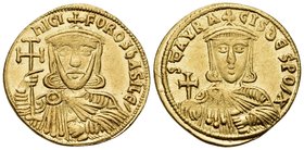 Nicephorus I, with Stauracius, 802-811. Solidus (Gold, 20 mm, 4.46 g, 6 h), Constantinople, 803-811. nICIFOROS bASILЄ’ Crowned, bearded and facing bus...