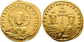 Basil II Bulgaroktonos, with Constantine VIII, 976-1025. Histamenon nomisma (Gold, 21 mm, 4.42 g, 6 h), Constantinople, 989-1001. +IhS XIS REX REGNANT...