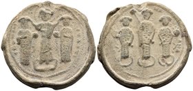 Romanus IV Diogenes, with Eudocia, Michael VII, Constantius, and Andronicus, 1068-1071. Seal or Bulla (Lead, 31 mm, 30.23 g, 12 h). PΩMAN S EYΔK B PM ...