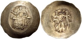 John II Comnenus, 1118-1143. Aspron Trachy (Electrum, 32 mm, 4.19 g, 6 h), Constantinople, 1118-1122 (?). Christ nimbate seated facing on backless thr...