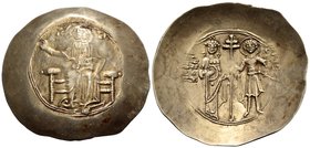 John II Comnenus, 1118-1143. Aspron Trachy (Electrum, 33 mm, 4.30 g), Constantinople, 1118-1122 (?). Christ nimbate seated facing on backless throne, ...