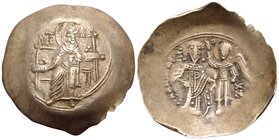 Isaac II Angelus, first reign, 1185-1195. Aspron Trachy (Electrum, 29 mm, 4.04 g, 6 h), Constantinople. The Virgin orans enthroned facing; on her brea...