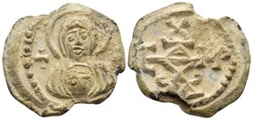 Eustathios. Circa 6th Century. Seal (Lead, 21 mm, 8.17 g, 12 h). Nimbate bust of the Virgin Mary, facing, between two crosses, holding a medallion of ...