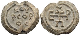 Petros Koursoros, Circa 6th-7th Century. Seal (Lead, 25 mm, 12.77 g, 1 h). KOY/PCOP/OC in three lines. Rev. Cruciform monogram of the name ΠETPOY. Unp...