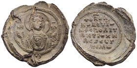 Aetius, Metropolitan of Antioch and Syngellos, c. 10th - 11th century. Seal or Bulla (Lead, 24 mm, 10.17 g, 12 h). MP - ΘY Nimbate, facing bust of the...