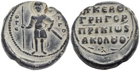 Gregorios, Patrikios and Akolouthos, 11th Century. Seal or Bulla (Lead, 29 mm, 20.75 g, 11 h). O ΓΕ-ΩPΓIOS St Georgios in military dress, standing fac...