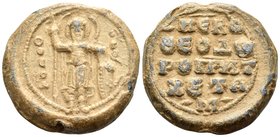 Theodoros, Patrikios, circa 11th Century. Seal or Bulla (Lead, 25 mm, 16.85 g, 11 h). O ΘЄOΔ-OPOC St. Theodore standing facing, nimbate, holding spear...