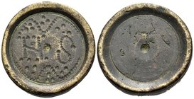 BYZANTINE WEIGHT. Circa 6th-7th century. Weight of 6-nomismata (Brass, 27 mm, 26.07 g), a discoid coin weight with recessed top and bottom, centering ...