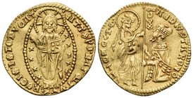 ITALY. Venice. Andrea Contarini, 1367-1382. Ducato (Gold, 61 mm, 3.55 g, 6 h), 60th Doge. ANDR' QTARЄNO / S M VЄNЄTI / DVX St. Mark standing right, pr...