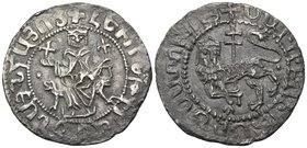 ARMENIA, Cilician Armenia. Royal. Levon I, 1198-1219. Double Tram (Silver, 28 mm, 5.13 g, 1 h). Levon seated facing on throne decorated with lions, ho...