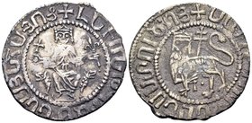 ARMENIA, Cilician Armenia. Royal. Levon I, 1198-1219. Double Tram (Silver, 26 mm, 5.26 g, 5 h). Levon seated facing on throne decorated with lions, ho...