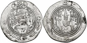 Arab-Sasanian, ‘Abdallah b. Umayya, drachm, SK (Sijistan) 75h, obv., in margin: bismillah – al-‘izza lillah, 3.65g (Album 30), cleaned, almost very fi...