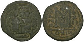 Arab-Byzantine, temp. ‘Abd al-Malik b. Marwan (65-86h), fals, Justin and Sophia type, Gerasa (Jerash), two enthroned figures with mint-name to left, c...
