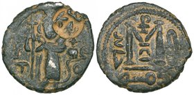 Arab-Byzantine, fals, Standing Imperial figure type, Dimashq, rev., duriba – bi-Dimashq - ja’iz around, with circular coutermark ω | KN at one o’clock...