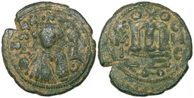 Arab-Byzantine, fals, Imperial Bust type, Hims, rev., pelleted annulets to either side of star above M, o-o below tayyib, 4.00g (cf Foss 69 [without o...