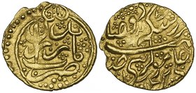 Qajar, Agha Muhammad Khan (1193-1211h), quarter-mohur, Mazandaran 1199h obv., be-zar sekkeh az meymanat zad qaza | be-nam-e ‘Ali ebn-e Musa al-Reza, r...