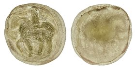 An Islamic Glass Roundel, possibly a weight, uniface, in translucent, pale grey-green glass, winged horse with rider to left, Allah above crupper, 13....